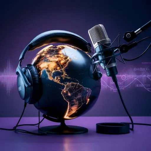 Image of a globe with headphones on in front of a microphone to depict voiceover localisation - a service that voiceover.cafe voiceover agency provides