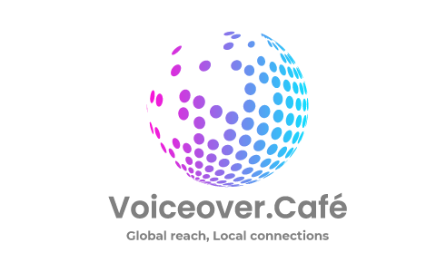 voiceover.cafe company logo with the slogan 'Global reach, local connections'