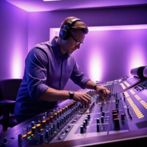 Man in studio in front of mixing deck