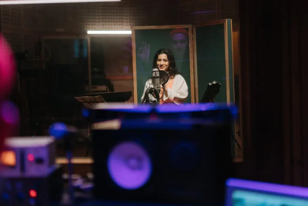 native voiceover talent recording session in a sound-treated booth